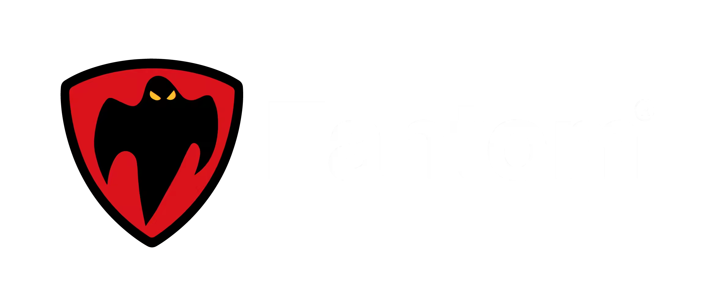 FantomAero shield-shaped logo with red background, black ghost figure with glowing eyes, and white text